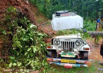 ಕಡಬ: ಭಾರೀ ಮಳೆಗೆ ನಿಲ್ಲಿಸಿದ್ದ ಜೀಪ್ ಮೇಲೆ ಉರುಳಿ ಬಿದ್ದ ಬೃಹತ್ ಗಾತ್ರದ ಮರ