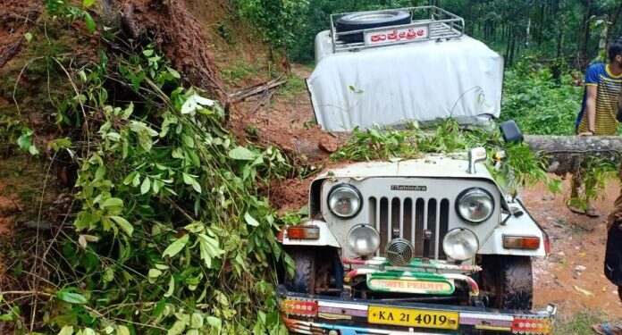 ಕಡಬ: ಭಾರೀ ಮಳೆಗೆ ನಿಲ್ಲಿಸಿದ್ದ ಜೀಪ್ ಮೇಲೆ ಉರುಳಿ ಬಿದ್ದ ಬೃಹತ್ ಗಾತ್ರದ ಮರ