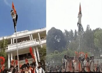 ಹಿಜಾಬ್-ಕೇಸರಿ ಫೈಟ್: ಕಾಲೇಜಿನ ಧ್ವಜ ಸ್ತಂಭದಲ್ಲಿ ಹಾರಿದ ಕೇಸರಿ ಧ್ವಜ: ಹಲವೆಡೆ ಕಲ್ಲು ತೂರಾಟ..!!