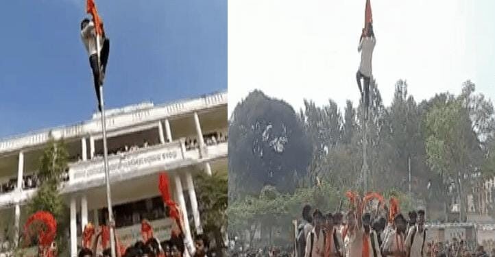 ಹಿಜಾಬ್-ಕೇಸರಿ ಫೈಟ್: ಕಾಲೇಜಿನ ಧ್ವಜ ಸ್ತಂಭದಲ್ಲಿ ಹಾರಿದ ಕೇಸರಿ ಧ್ವಜ: ಹಲವೆಡೆ ಕಲ್ಲು ತೂರಾಟ..!!