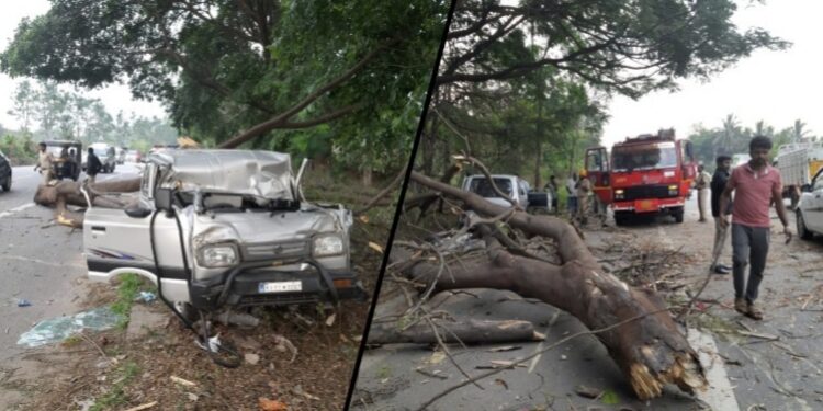 ಚಲಿಸುತ್ತಿದ್ದ ಕಾರಿನ ಮೇಲೆ ಬಿದ್ದ ಮರ: ಇಬ್ಬರು ಸ್ಥಳದಲ್ಲೇ ಸಾವು..!!