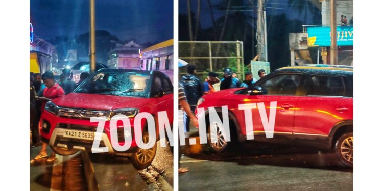 ಪುತ್ತೂರು : ಚಾಲಕನ ನಿಯಂತ್ರಣ ತಪ್ಪಿ ಡಿವೈಡರ್ ಹತ್ತಿದ ಕಾರು..!!!