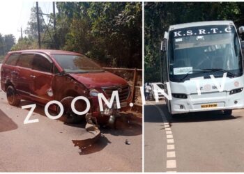 ಕುಂಬ್ರ: ಕಾರು ಮತ್ತು ಐರಾವತ ಬಸ್ ನಡುವೆ ಡಿಕ್ಕಿ..!!