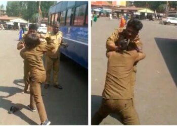 ನಡು ರಸ್ತೆಯಲ್ಲಿ ಕೆಎಸ್ಆರ್‌‌ಟಿಸಿ ಬಸ್ ಚಾಲಕ ಮತ್ತು ಖಾಸಗಿ ಬಸ್ ಕಂಡಕ್ಟರ್‌ ನಡುವೆ ಗಲಾಟೆ : ವೀಡಿಯೋ ವೈರಲ್