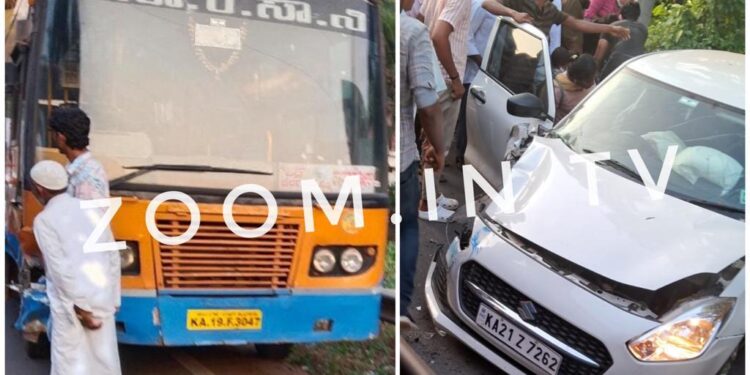ಕಬಕ : ಕೆ.ಎಸ್.ಆರ್.ಟಿ.ಸಿ ಬಸ್ ಮತ್ತು ಕಾರಿನ ನಡುವೆ ಡಿಕ್ಕಿ : ಕಾರು ಚಾಲಕನಿಗೆ ಗಾಯ..!!!