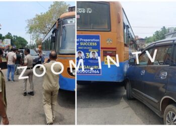 ದರ್ಬೆ : ಕಾರು ಮತ್ತು ಕೆ.ಎಸ್.ಆರ್.ಟಿ.ಸಿ ಬಸ್ ನಡುವೆ ಡಿಕ್ಕಿ