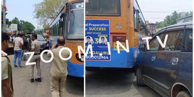 ದರ್ಬೆ : ಕಾರು ಮತ್ತು ಕೆ.ಎಸ್.ಆರ್.ಟಿ.ಸಿ ಬಸ್ ನಡುವೆ ಡಿಕ್ಕಿ