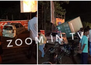 ಪುತ್ತೂರು : ನಿಯಂತ್ರಣ ತಪ್ಪಿ ನಿಲ್ಲಿಸಿದ್ದ ಕಾರಿನ ಮೇಲೆ ಬಿದ್ದ ಕಂಟೈನರ್ : ಕಾರು ಚಾಲಕ ಅಪಾಯದಿಂದ ಪಾರು