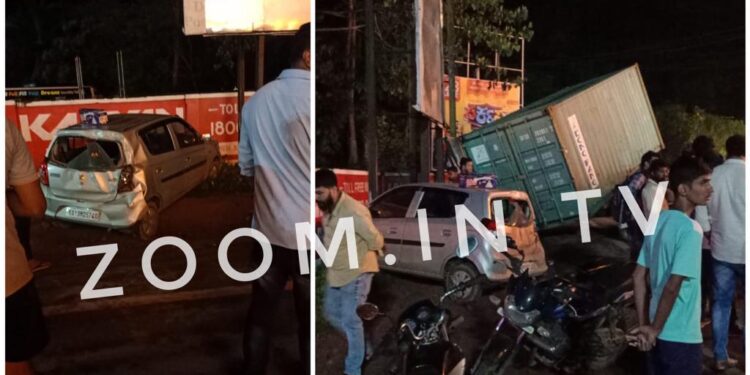ಪುತ್ತೂರು : ನಿಯಂತ್ರಣ ತಪ್ಪಿ ನಿಲ್ಲಿಸಿದ್ದ ಕಾರಿನ ಮೇಲೆ ಬಿದ್ದ ಕಂಟೈನರ್ : ಕಾರು ಚಾಲಕ ಅಪಾಯದಿಂದ ಪಾರು