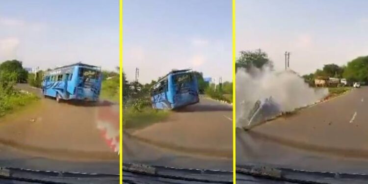 ನೋಡ ನೋಡುತ್ತಿದ್ದ ರಸ್ತೆಯಿಂದ ನದಿಗೆ ಉರುಳಿ ಬಿದ್ದ ಖಾಸಗಿ ಬಸ್ : ಅಪಘಾತದ ದೃಶ್ಯ ಸೆರೆ