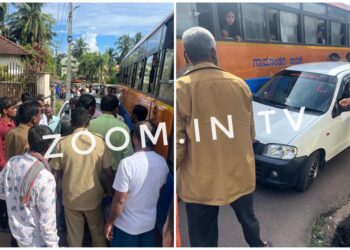 ಪುತ್ತೂರು : ಕೆ.ಎಸ್.ಆರ್.ಟಿ.ಸಿ ಬಸ್ ಮತ್ತು ಕಾರಿನ ನಡುವೆ ಡಿಕ್ಕಿ..!! ರಸ್ತೆ ಬ್ಲಾಕ್