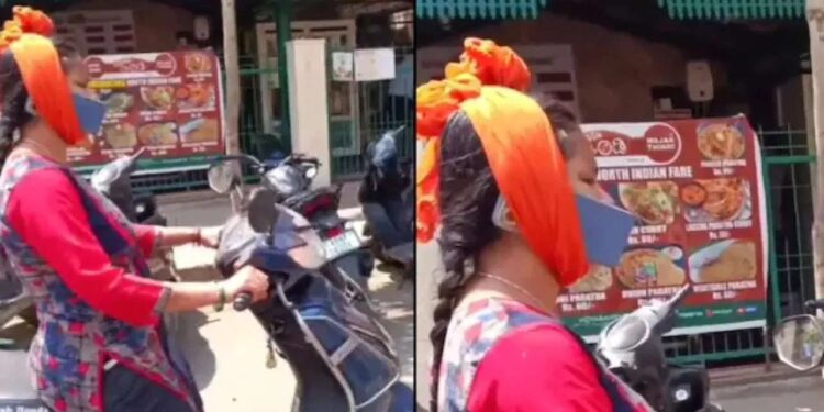 ತಲೆಗೆ ಬಟ್ಟೆ ಸುತ್ತಿ, ಪೋನಿನಲ್ಲಿ ಮಾತಾಡುತ್ತಾ, ಜಾಲಿ ರೈಡ್​​ನಲ್ಲಿ ಮಹಿಳೆ : ವೀಡಿಯೋ ವೈರಲ್..!