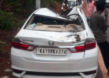 ಮಿತ್ತೂರು : ಚಲಿಸುತ್ತಿದ್ದ ಕಾರಿನ ಮೇಲೆ ಉರುಳಿ ಬಿದ್ದ ಮರ, ವಿದ್ಯುತ್ ತಂತಿ : ಇಬ್ಬರಿಗೆ ಗಾಯ