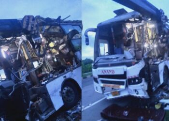 ಖಾಸಗಿ ಬಸ್ ಮತ್ತು ಲಾರಿ ನಡುವೆ ಅಪಘಾತ : ಬಸ್​ ಪುಡಿಪುಡಿ ; ಓರ್ವ ಸಾವು, ಹಲವು ಮಂದಿಗೆ ಗಾಯ