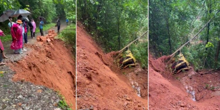 50 ಅಡಿ ಆಳದ ಪ್ರಪಾತಕ್ಕೆ ಬಿದ್ದ ಲಾರಿ : ಚಾಲಕ ಬದುಕುಳಿದದ್ದೇ ಪವಾಡ