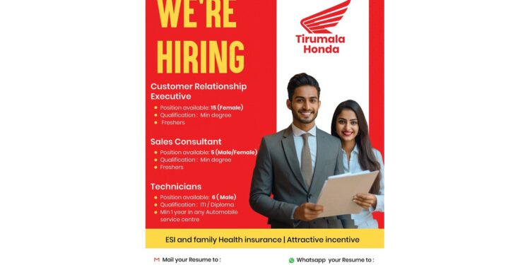 JOB ALERT : ತಿರುಮಲ ಹೋಂಡಾ ಶೋರೂಮ್ ನಲ್ಲಿ ಉದ್ಯೋಗಾವಕಾಶ ..!!!