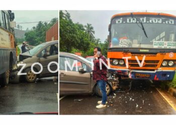 ತುಂಬೆ : ಕೆ.ಎಸ್.ಆರ್.ಟಿ.ಸಿ ಬಸ್ ಮತ್ತು ಕಾರಿನ ನಡುವೆ ಡಿಕ್ಕಿ!