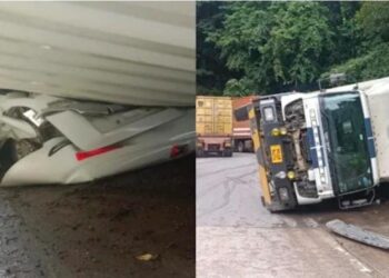 ಕಾರಿನ ಮೇಲೆ ಮಗುಚಿ ಬಿದ್ದ ಕಂಟೈನರ್ ಲಾರಿ!