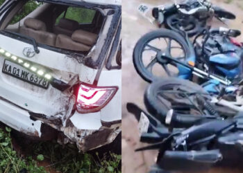 17 ಬೈಕ್​​ಗಳಿಗೆ ಡಿಕ್ಕಿ ಹೊಡೆದ ಕಾರು ; ಓರ್ವನಿಗೆ ಗಾಯ!