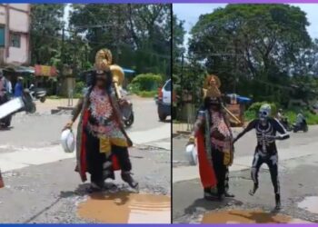 ಉಡುಪಿಯಲ್ಲಿ ರಸ್ತೆಯ ಸ್ಥಿತಿಗತಿಗಳನ್ನು ಪರಿಶೀಲಿಸಿದ ಯಮರಾಜ, ಚಿತ್ರಗುಪ್ತ!