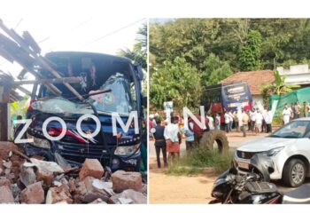 ಪುತ್ತೂರು: ಅಪಘಾತ ತಪ್ಪಿಸಲು ಹೋಗಿ ಮನೆಯ ಗೋಡೆಗೆ ಗುದ್ದಿದ ಬಸ್..!!!