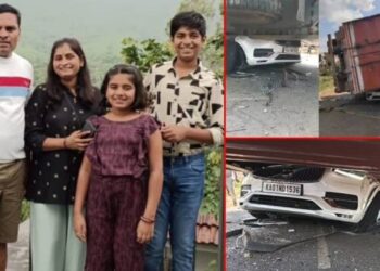 ಲಾರಿ ಕಾರಿನ ಮೇಲೆ ಬಿದ್ದು ಉದ್ಯಮಿ ಸೇರಿ 6 ಜನ ಅಪ್ಪಚ್ಚಿ..!!!