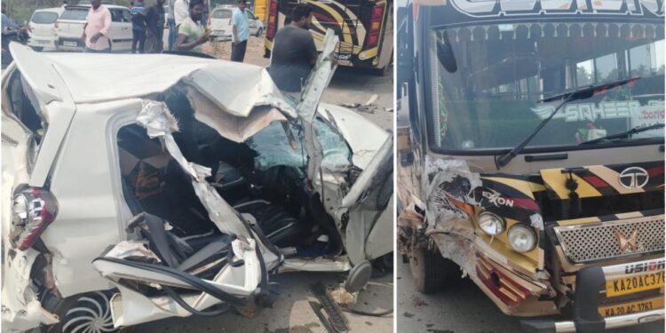 ಬಸ್ ಮತ್ತು ಕಾರು ನಡುವೆ ಡಿಕ್ಕಿ : ಕಾರು ಚಾಲಕ ಗಂಭೀರ …!!!