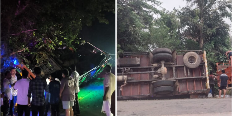 ಪುತ್ತೂರು: ವಿದ್ಯುತ್ ಕಂಬಕ್ಕೆ ಗುದ್ದಿ ಲಾರಿ ಪಲ್ಟಿ ..!!