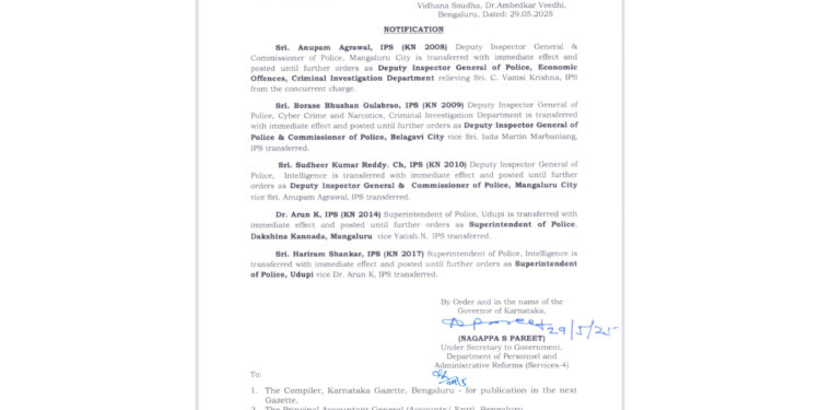 IPS Transfer; ಉಡುಪಿ ಎಸ್ ಪಿ ಡಾ. ಅರುಣ್ ದಕ್ಷಿಣ ಕನ್ನಡಕ್ಕೆ ವರ್ಗಾವಣೆ : ಮಂಗಳೂರು ನಗರ ಪೊಲೀಸ್ ಕಮಿಷನರ್ ಆಗಿ ಸುಧೀರ್ ಕುಮಾರ್ ರೆಡ್ಡಿ..!!