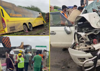 ಮಹೇಂದ್ರ TUV, ಲಾರಿ, VRL ಬಸ್ ಮಧ್ಯೆ ಸರಣಿ ಅಪಘಾತ; ಸ್ಥಳದಲ್ಲೇ ಪ್ರಾಣಬಿಟ್ಟ 6 ಮಂದಿ…!!!