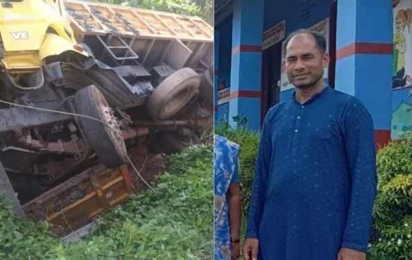 ಲಾರಿಗಳು ಪರಸ್ಪರ ಡಿಕ್ಕಿಯಾಗಿ ಪಲ್ಟಿ; ಬಿಸಿ ಜಲ್ಲಿ ಮಿಶ್ರಿತ ಡಾಮಾರು ಬಿದ್ದು ಚಾಲಕ ಸಾವು…!!!!