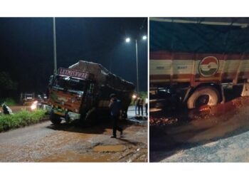 ಪುತ್ತೂರು: ರಾಜ್ಯ ಹೆದ್ದಾರಿಯಲ್ಲಿ ಹೂತುಹೋದ ಲಾರಿ…!