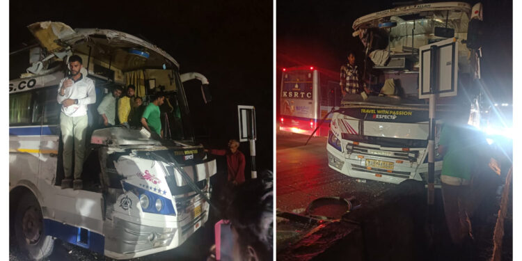 ಮಂಗಳೂರಿನಿಂದ ಬೆಂಗಳೂರಿಗೆ ತೆರಳುತ್ತಿದ್ದ ಬಸ್ ಸಕಲೇಶಪುರದಲ್ಲಿ ಇನ್ನೊಂದು ಬಸ್ ಗೆ ಡಿಕ್ಕಿ..!!