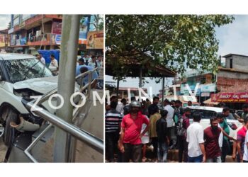 ಪುತ್ತೂರು: ಬೈಕ್ ಗೆ ಡಿಕ್ಕಿಯಾಗಿ ಕಟ್ಟೆಗೆ ಗುದ್ದಿದ ಕಾರು..!!