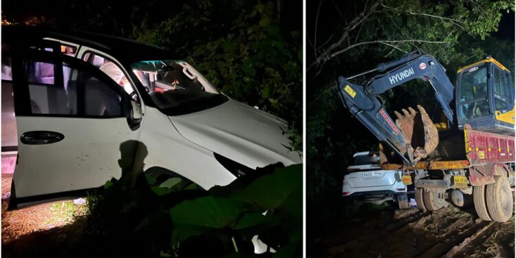 ಪುತ್ತೂರು : ಅಪಘಾತ ತಪ್ಪಿಸಲು ಹೋಗಿ ಹೊಂಡಕ್ಕೆ ಬಿದ್ದ ಕಾರು..!!