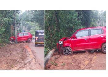 ಪುತ್ತೂರು: ಚಾಲಕನ ನಿಯಂತ್ರಣ ತಪ್ಪಿ ವಿದ್ಯುತ್ ಕಂಬಕ್ಕೆ ಗುದ್ದಿದ ಕಾರು..!!