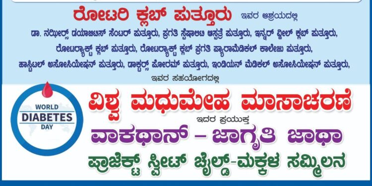 (ನ.11): ಪುತ್ತೂರಲ್ಲಿ ವಿಶ್ವ ಮಧುಮೇಹ ದಿನ : ರೋಟರಿ ಕ್ಲಬ್, ಡಾ. ನಝೀರ್ ಡಯಾಬಿಟಿಸ್ ಸೆಂಟರ್ ನೇತೃತ್ವದಲ್ಲಿ ವಾಕಥಾನ್ – ಜಾಗೃತಿ ಜಾಥಾ..!!