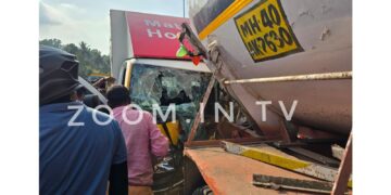 ನಿಲ್ಲಿಸಿದ್ದ ಟ್ಯಾಂಕರ್ ಗೆ ಗೂಡ್ಸ್ ವಾಹನ ಡಿಕ್ಕಿ…!!!