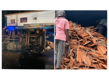 ಕಂಟೈನರ್ ಲಾರಿ ಪಲ್ಟಿ: ಚಾಲಕನಿಗೆ ಗಾಯ, ಲಕ್ಷಾಂತರ ನಷ್ಟ..!!