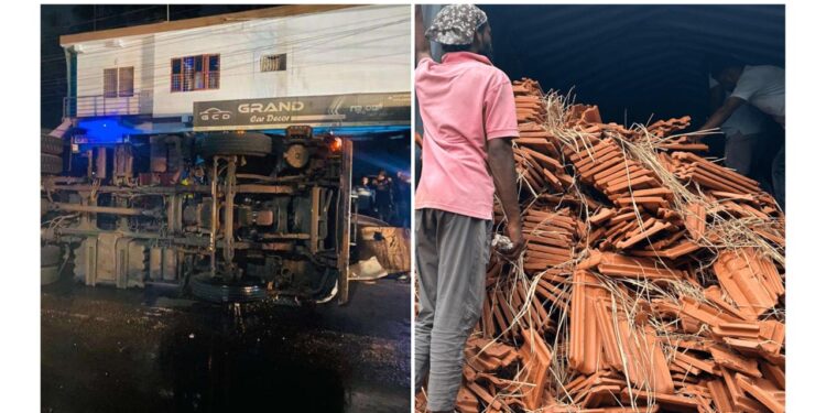 ಕಂಟೈನರ್ ಲಾರಿ ಪಲ್ಟಿ: ಚಾಲಕನಿಗೆ ಗಾಯ, ಲಕ್ಷಾಂತರ ನಷ್ಟ..!!