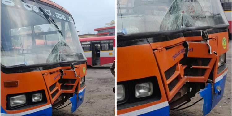 ಬಸ್ ನಿಲ್ದಾಣದಲ್ಲಿ ಬ್ರೇಕ್ ವೈಫಲ್ಯ: ಕಂಬಕ್ಕೆ ಡಿಕ್ಕಿಯಾದ ಕೆಎಸ್‌ಆರ್‌ಟಿಸಿ ಬಸ್ : ತಪ್ಪಿದ ಅನಾಹುತ..!!