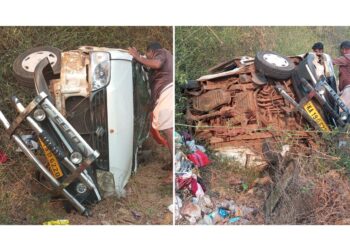 ಚಾಲಕನ ನಿಯಂತ್ರಣ ತಪ್ಪಿ ಕಾರು ಪಲ್ಟಿ: ನಾಲ್ವರು ಗಂಭೀರ: ಕಾರು ಸಂಪೂರ್ಣ ಜಖಂ…!!