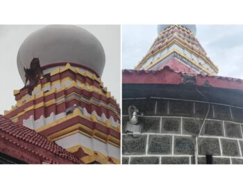 ಕಾರಿಂಜ ಶ್ರೀ ಕಾರಿಂಜೇಶ್ವರ ದೇವಸ್ಥಾನಕ್ಕೆ ಸಿಡಿಲು: ಗೋಪುರಕ್ಕೆ ಹಾನಿ..!!