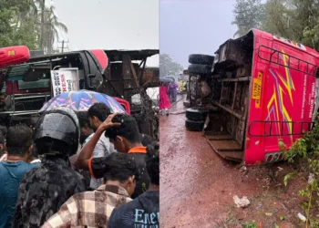ಖಾಸಗಿ ಬಸ್ ಪಲ್ಟಿಯಾಗಿ ಸ್ಕೂಟರ್ಗೆ ಡಿಕ್ಕಿ, ಮಹಿಳೆ ಮೃತ್ಯು..!!