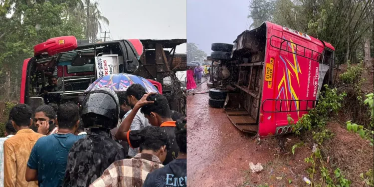 ಖಾಸಗಿ ಬಸ್ ಪಲ್ಟಿಯಾಗಿ ಸ್ಕೂಟರ್‌ಗೆ ಡಿಕ್ಕಿ, ಮಹಿಳೆ ಮೃತ್ಯು..!!