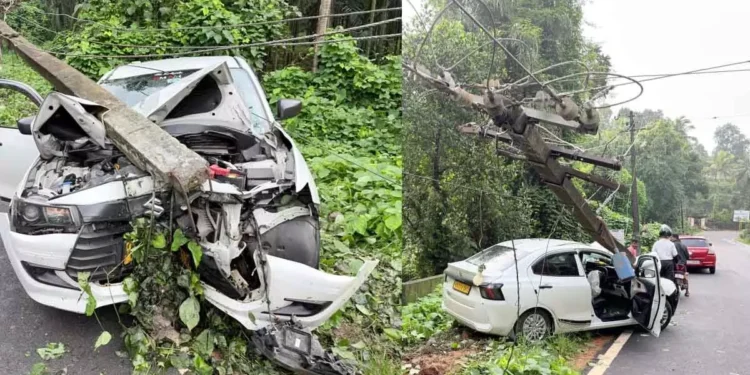 ಭೀಕರ ರಸ್ತೆ ಅಪಘಾತ: ವಿದ್ಯುತ್ ಕಂಬಕ್ಕೆ ಡಿಕ್ಕಿ ಹೊಡೆದ ಕಾರು..!!
