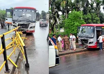 ಕೆಎಸ್ಆರ್ಟಿಸಿ ಬಸ್ ಅಪಘಾತ: ಡಿವೈಡರ್, ದಾರಿದೀಪ ಕಂಬ ಜಖಂ..!!
