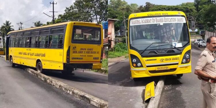 ಶಾಲಾ ಬಸ್ ಚಾಲಕನಿಗೆ ಹೃದಯಾಘಾತ, ಡಿವೈಡರ್ಗೆ ಡಿಕ್ಕಿ…!!