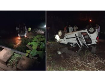 ವಿಟ್ಲ : ಭೀಕರ ಅಪಘಾತ: ಸೇತುವೆಯಿಂದ ತೋಡಿಗೆ ಉರುಳಿದ ಕಾರು, ಐವರು ಅದೃಷ್ಟವಶಾತ್ ಪಾರು..!!