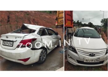 ಪೆರ್ನೆ : ಟಿಪ್ಪರ್ ಗೆ ಗುದ್ದಿದ ಕಾರು: ಮೂವರು ಗಂಭೀರ..!!